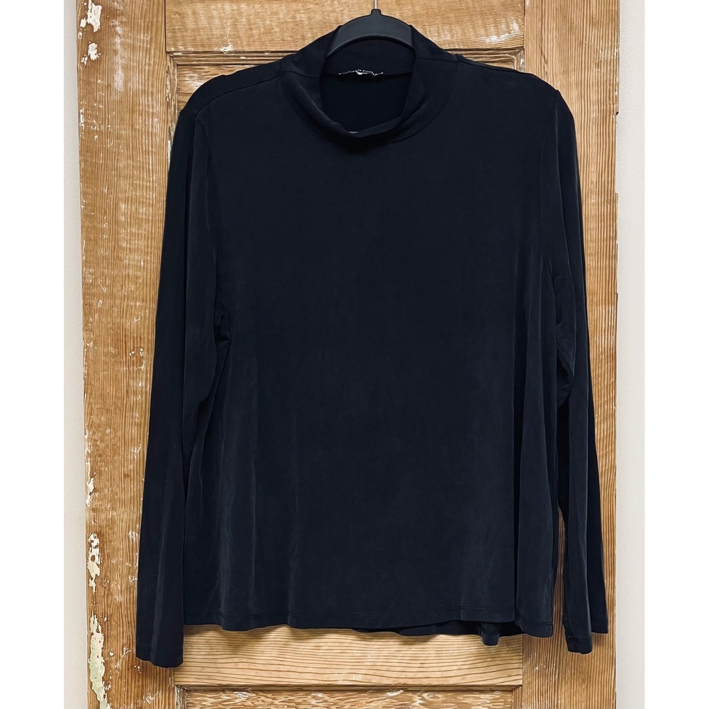 Eileen Fisher Sandwashed Cupro Knit Top M Black Nock Neck Capsule Layering Chic